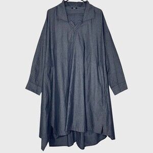 Moyuru Womens Dress Medium Blue Cotton Long Sleeve Collared V-Neck Pockets Japan